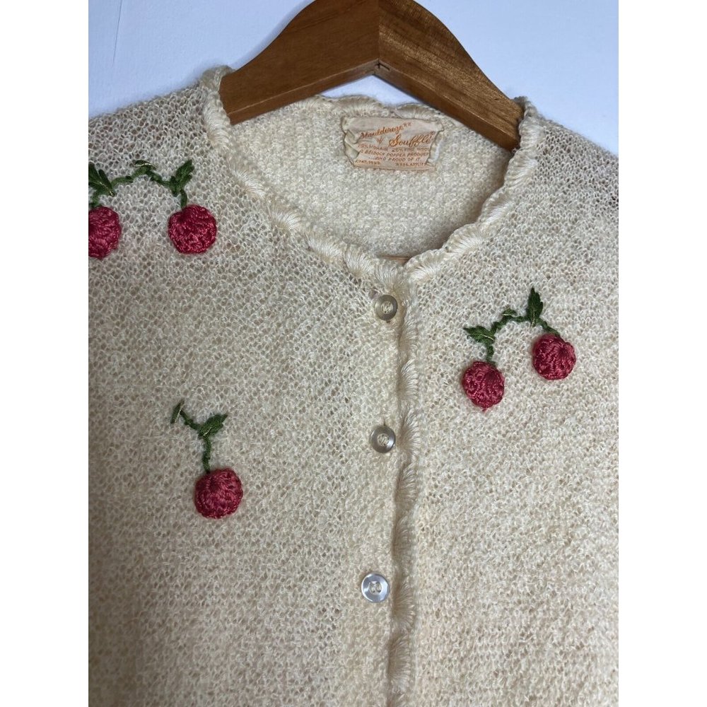 Vintage 50's Women's Small Medium Cardigan Sweater Rockabilly Cherry Cherries - Picture 3 of 13